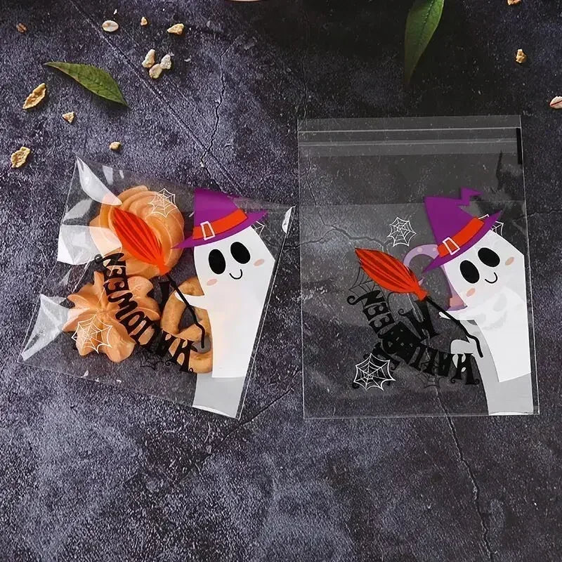 100 Pcs 10x10cm Halloween Plastic Candy Cookies Gift Bag Self Adhesive Snack Wrap Bag Halloween Party Decorations Kids Gifts