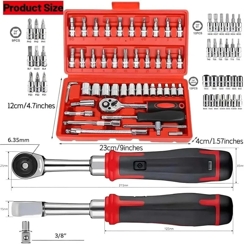 Hot 46Pcs 1/4" Drive Socket Wrench Set, Ratchet Screwdriver & Bit Kit, Carbon Steel, Auto Repair Hand Tool Set with Storage Case