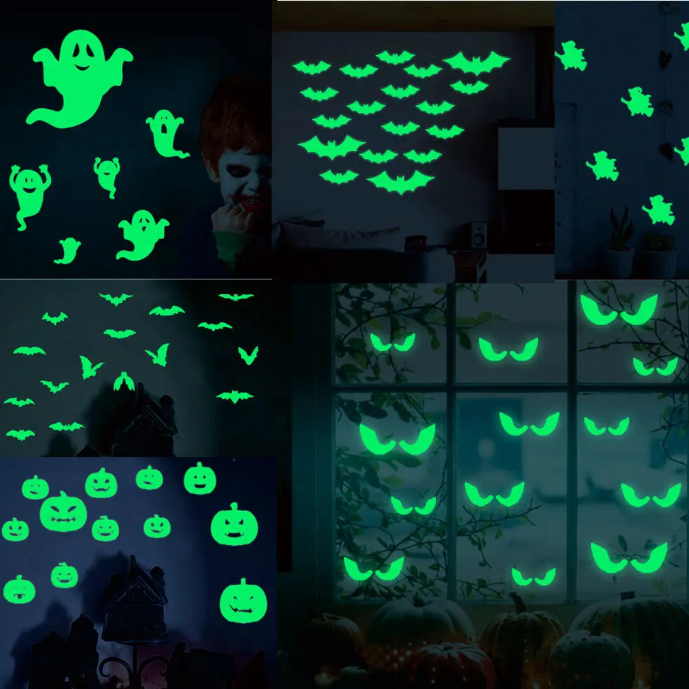 Halloween Luminous Wall Stickers,Glowing Eyes in The Window,Luminous Bats Ghost Pumpkin Window Stickers,Horror Home Decoration