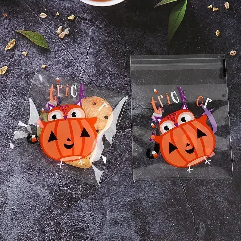 100 Pcs 10x10cm Halloween Plastic Candy Cookies Gift Bag Self Adhesive Snack Wrap Bag Halloween Party Decorations Kids Gifts