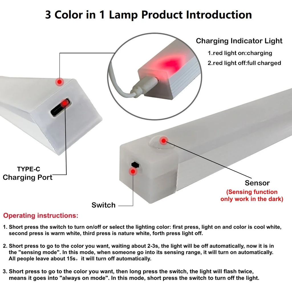 Wireless USB Rechargeable Motion Sensor LED Bar Light Induction Night Light Portable Cordless Magnetic Cabinet Lamp for Kitchen