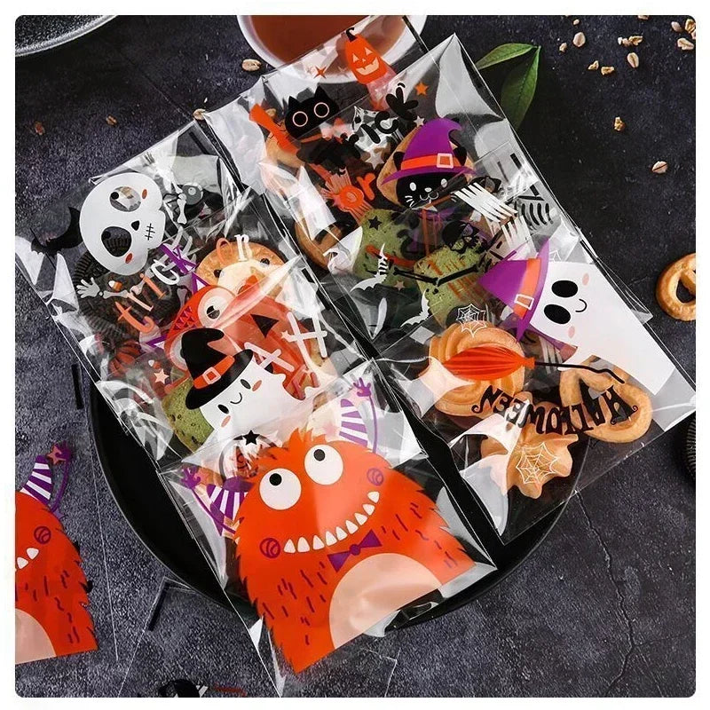 100 Pcs 10x10cm Halloween Plastic Candy Cookies Gift Bag Self Adhesive Snack Wrap Bag Halloween Party Decorations Kids Gifts
