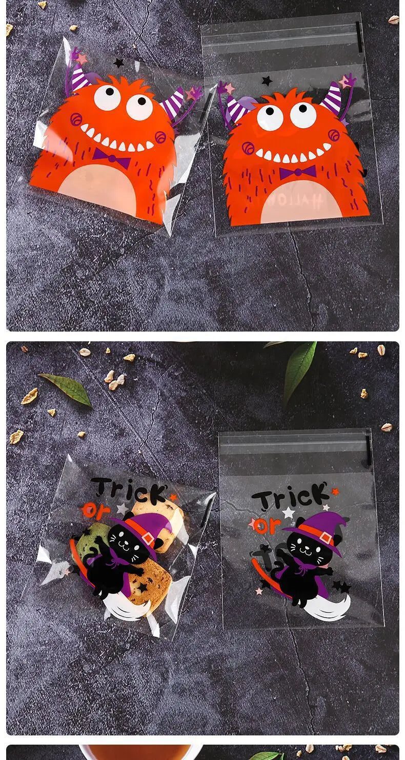 100 Pcs 10x10cm Halloween Plastic Candy Cookies Gift Bag Self Adhesive Snack Wrap Bag Halloween Party Decorations Kids Gifts