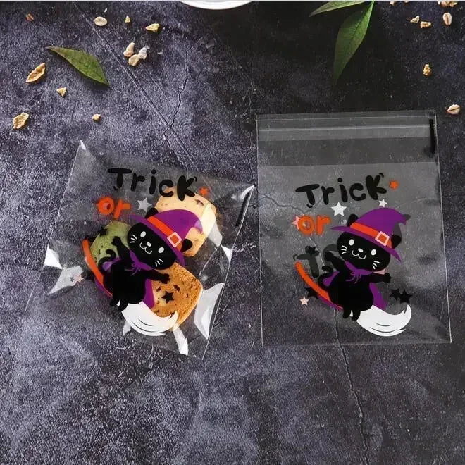 100 Pcs 10x10cm Halloween Plastic Candy Cookies Gift Bag Self Adhesive Snack Wrap Bag Halloween Party Decorations Kids Gifts