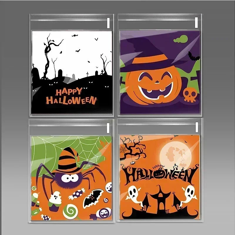 100 Pcs 10x10cm Halloween Plastic Candy Cookies Gift Bag Self Adhesive Snack Wrap Bag Halloween Party Decorations Kids Gifts