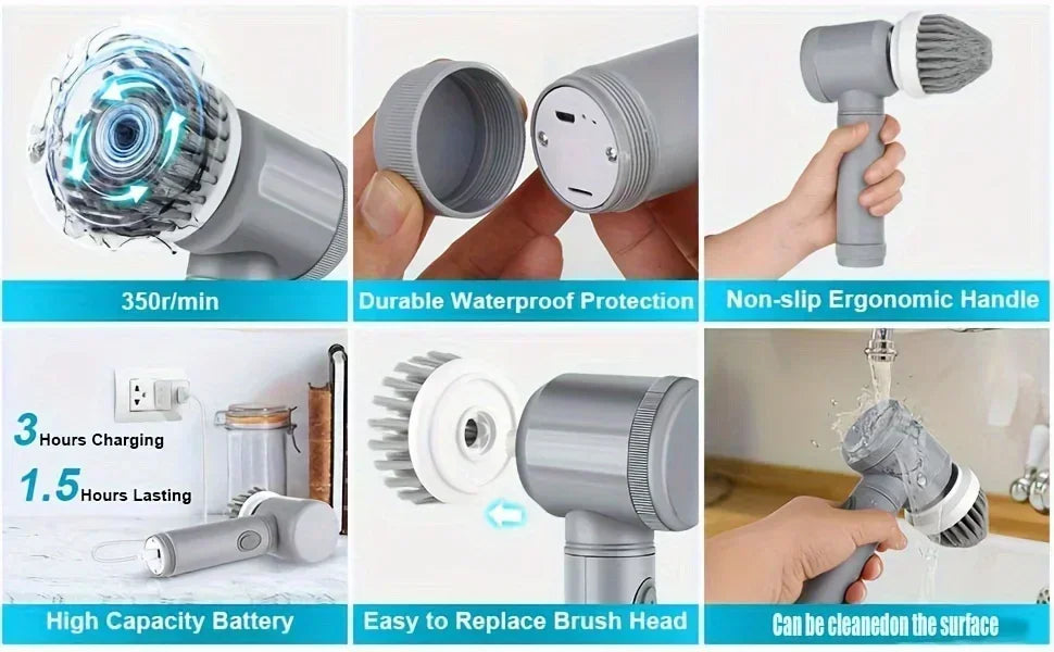 Electric Spin Scrubber, Bathroom Cordless Cleaning Brush Power Scrubber with 5 Replaceable Brush Heads, Electric Cleaning Brush