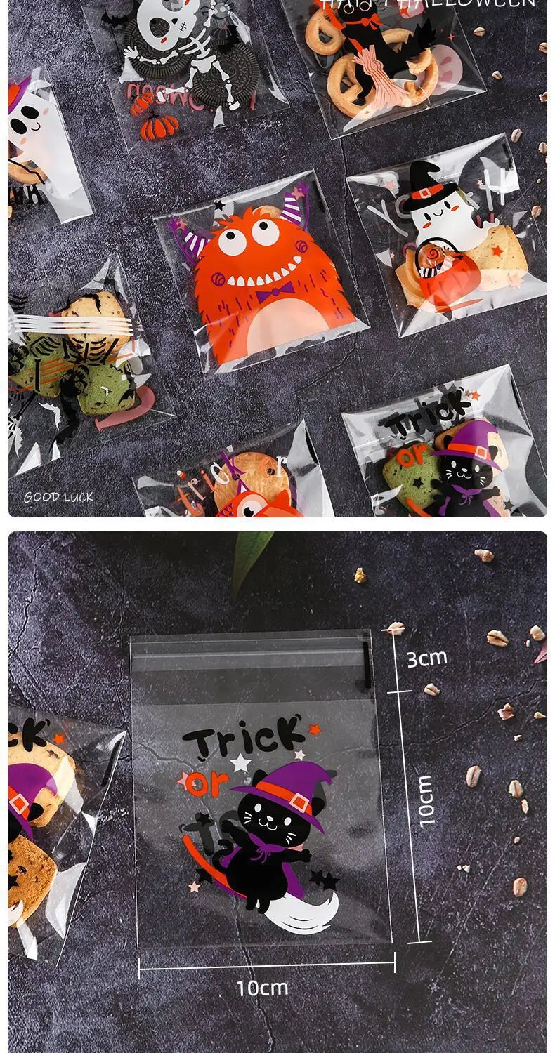 100 Pcs 10x10cm Halloween Plastic Candy Cookies Gift Bag Self Adhesive Snack Wrap Bag Halloween Party Decorations Kids Gifts