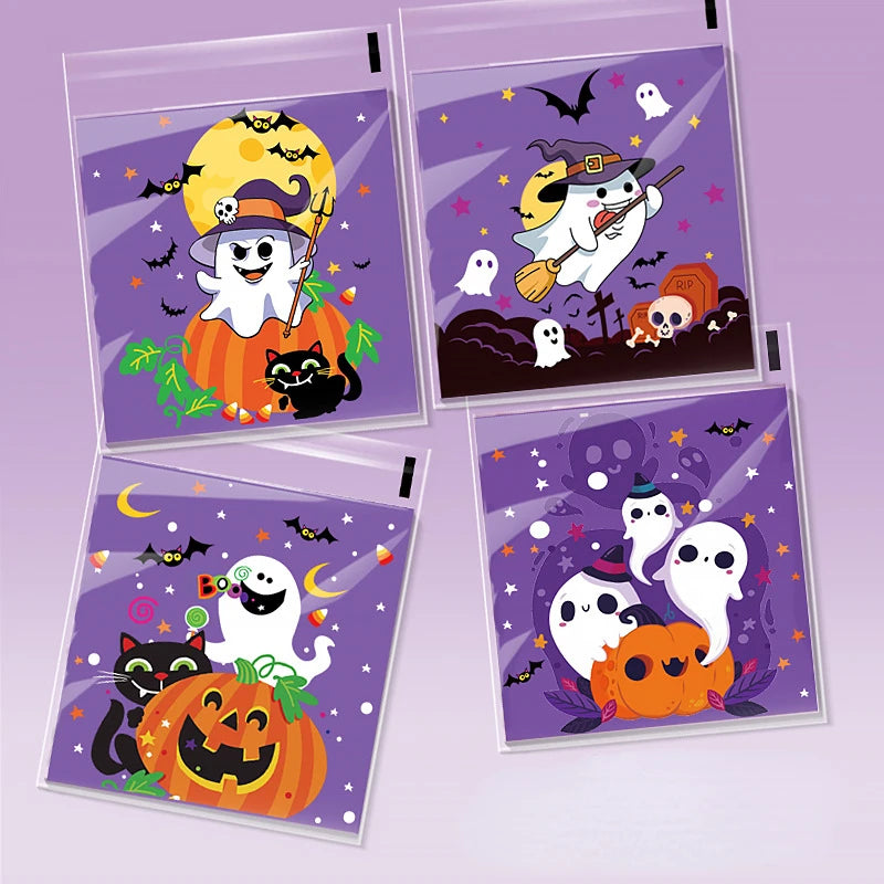 100 Pcs 10x10cm Halloween Plastic Candy Cookies Gift Bag Self Adhesive Snack Wrap Bag Halloween Party Decorations Kids Gifts