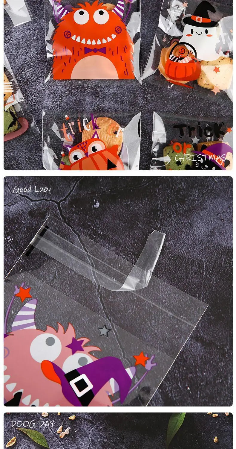 100 Pcs 10x10cm Halloween Plastic Candy Cookies Gift Bag Self Adhesive Snack Wrap Bag Halloween Party Decorations Kids Gifts