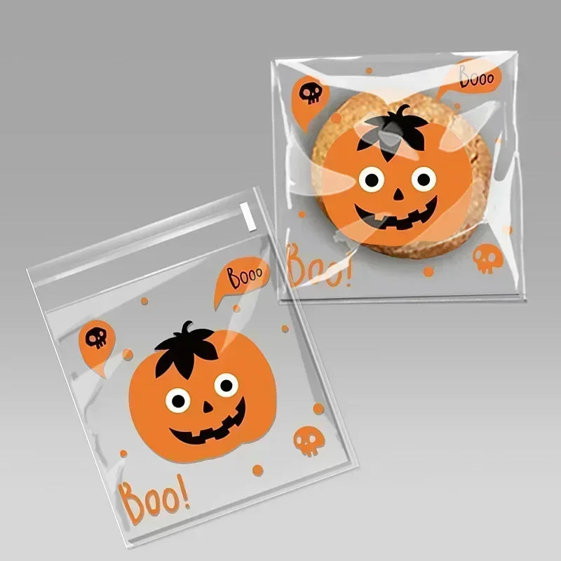 100 Pcs 10x10cm Halloween Plastic Candy Cookies Gift Bag Self Adhesive Snack Wrap Bag Halloween Party Decorations Kids Gifts
