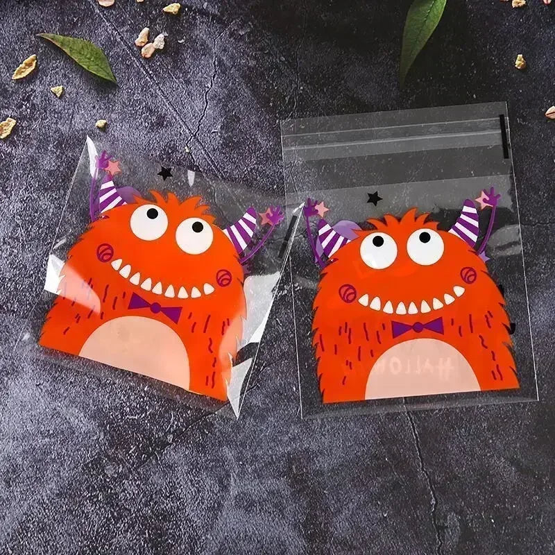 100 Pcs 10x10cm Halloween Plastic Candy Cookies Gift Bag Self Adhesive Snack Wrap Bag Halloween Party Decorations Kids Gifts