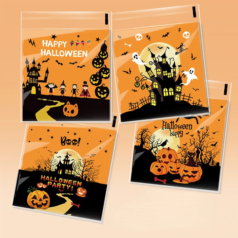 100 Pcs 10x10cm Halloween Plastic Candy Cookies Gift Bag Self Adhesive Snack Wrap Bag Halloween Party Decorations Kids Gifts