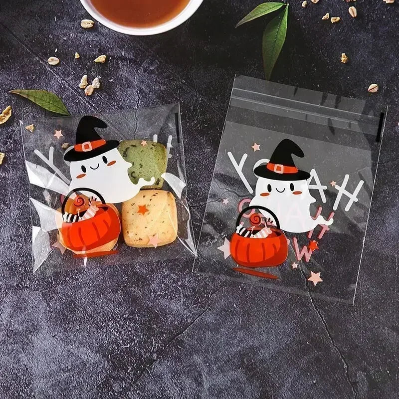 100 Pcs 10x10cm Halloween Plastic Candy Cookies Gift Bag Self Adhesive Snack Wrap Bag Halloween Party Decorations Kids Gifts