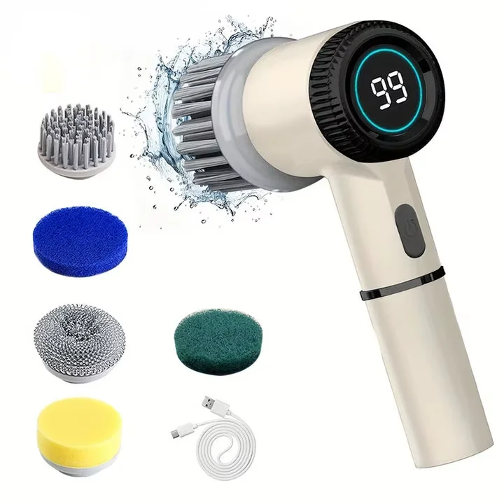 Electric Spin Scrubber With 5 Replaceable Brush Head, Three-speed Adjustable Handheld Rechargeable Shower Scrubber