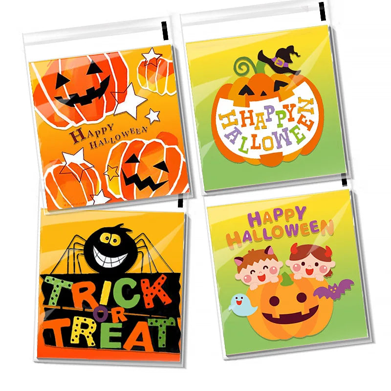 100 Pcs 10x10cm Halloween Plastic Candy Cookies Gift Bag Self Adhesive Snack Wrap Bag Halloween Party Decorations Kids Gifts